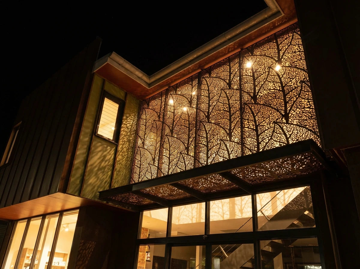 Night view of the flagship store with back-lighting through the perforated panels.