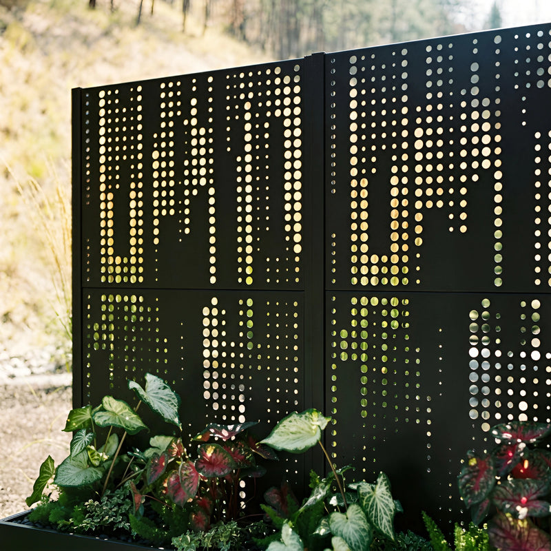 Outdoor courtyard privacy screen installed in an architectural landscape setting.