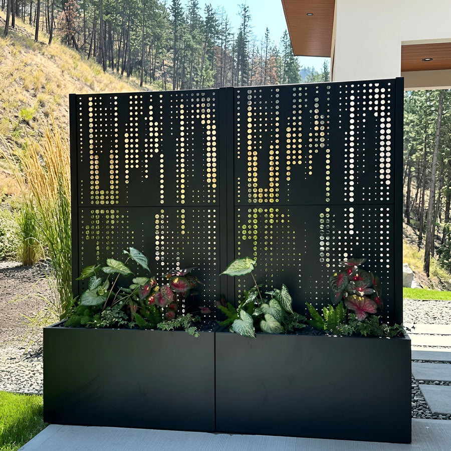 Reinforced matte black perforated garden screens on a steel planter at an alpine villa entry — visualization