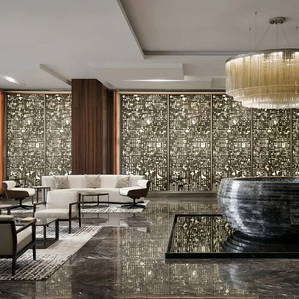 Presidential suite lounge built around a perforated circle-pattern stainless screen — visualization