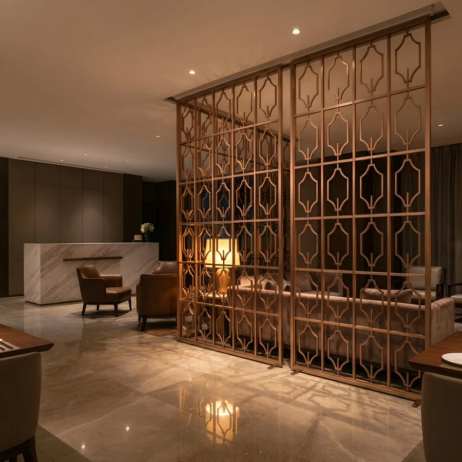 Antique bronze lattice screen partition in a private dining room — visualization