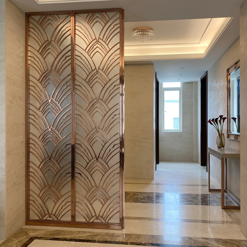 Villa entrance hall with a rose gold PVD fan-pattern stainless partition — visualization