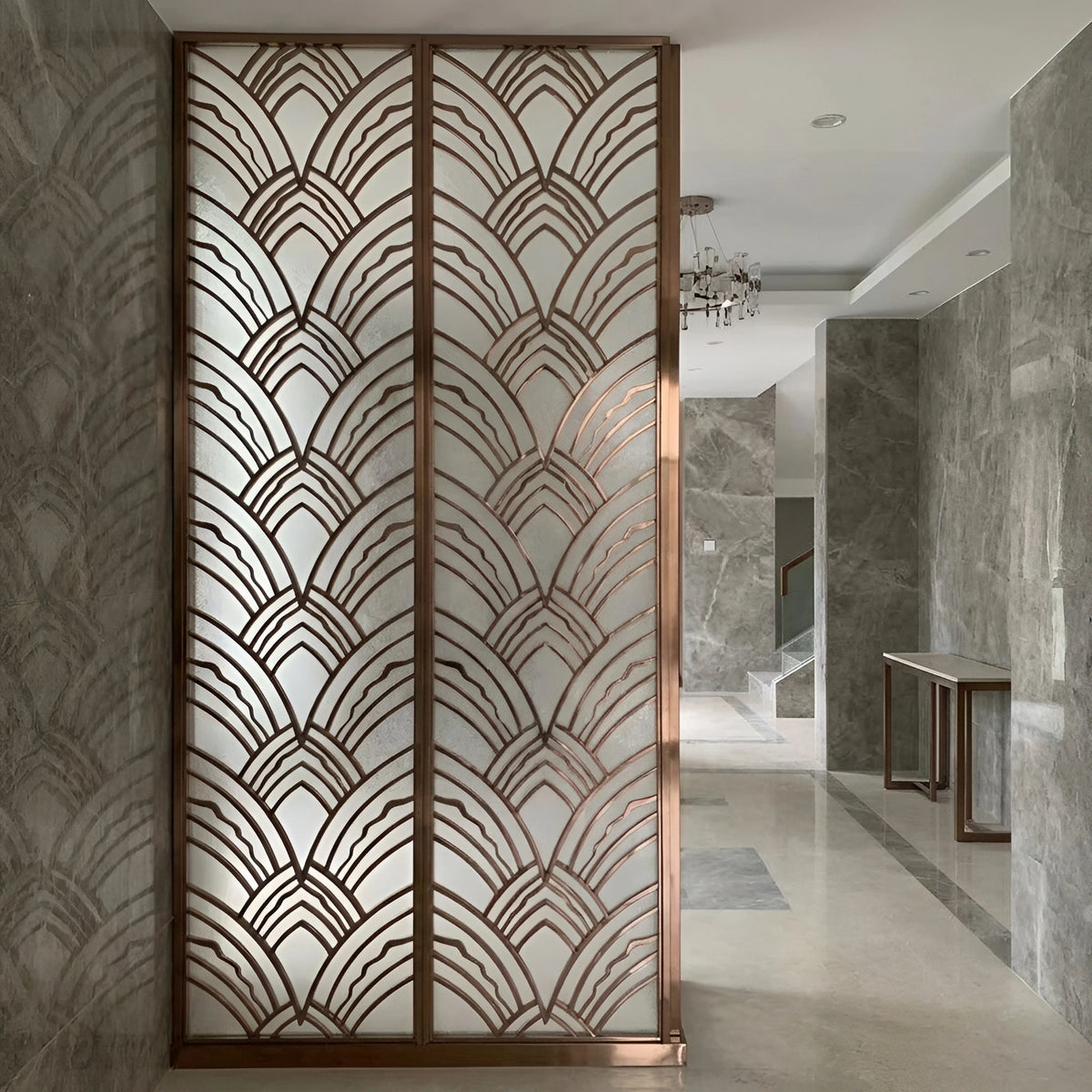 Residential foyer where the stainless partition sits back and the stone and timber lead — visualization